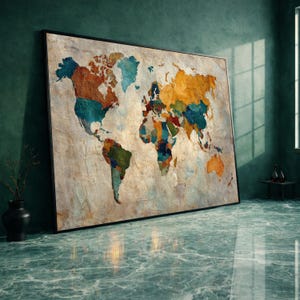 Può includere: Una mappa del mondo incorniciata con un aspetto vintage e strutturato. I continenti sono colorati in tonalità di blu, arancione, verde e giallo su uno sfondo beige. La mappa è esposta su un pavimento di marmo verde e contro un muro verde.