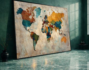 Vintage World Map Canvas Art, Large Modern Wall Decor, Colorful Country Map Print, Travel Theme Canvas, Office and Home Decoration