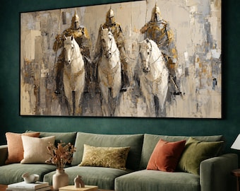 Three Medieval Knights on White Horses Canvas, Historic Armor Wall Art, Vintage Warrior Painting, Equestrian Decor, Ready to Hang