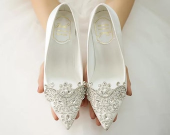 White Bridal Shoes Heels With Crystal Detail, Pearl Detail Wedding Stilletos (UK 6/EU 39)
