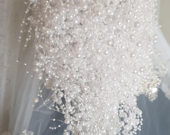 White Pearl Waterfall Bridal Bouquet, Wedding Flowers, Ribbon Handle
