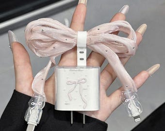 Protecteur de chargeur Apple 20 W avec nœud rose fait main, breloque ruban scintillant, accessoire iPhone