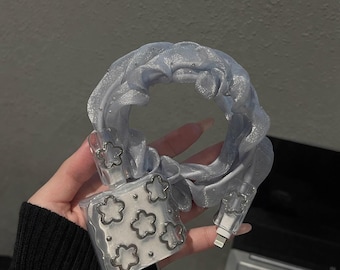 Handmade Silver Flower iPhone Charger Protector with Cable Cover Bling Resin 20W Charger Case Y2K Floral Phone Charger Accessories