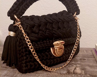 Handmade Crochet Handbag – Black Statement Purse with Gold Chain, Women's Accessory