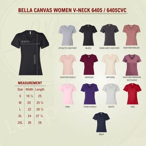 May include: A Bella Canvas V-neck t-shirt color chart featuring thirteen color options including black, athletic heather, dark grey heather, heather mauve, heather peach, maroon, natural, heather maroon, pink, team purple, white, red, and navy.