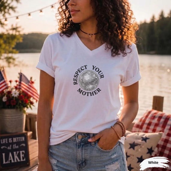 Disco Ball Respect Your Mother V-Neck Women Tee, Concert Outfit Shirt, Retro Disco Aesthetic Trendy Mirrorball Graphic Tee