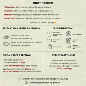 May include: An informational graphic on a light background with black text detailing order steps, production, shipping, care instructions, digital proofing, and return policies. Icons illustrate washing, drying, and ironing guidelines for garments.
