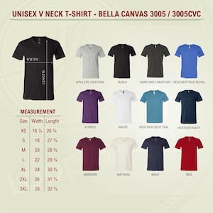May include: A Bella Canvas 3005/3005CVC unisex V-neck t-shirt color chart displaying twelve color options including athletic heather, black, dark grey, royal, purple, white, teal, navy, maroon, natural, and red, with a size measurement chart in inches.