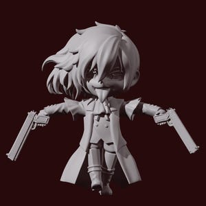 Puede incluir: Figura en escala de grises de un personaje con pelo puntiagudo, un abrigo largo y botas, sosteniendo dos pistolas. La figura tiene una expresión traviesa con la lengua fuera. El fondo es de color granate sólido.