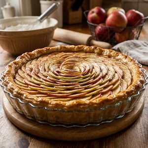 Könnte beinhalten: Ein frisch gebackener Apfelkuchen in einer transparenten Glasform, mit goldbrauner Kruste und spiralförmig angeordneten Apfelscheiben. Der Kuchen steht auf einer Holzoberfläche, mit einem Tortenheber. Äpfel und Backutensilien sind im Hintergrund.