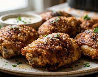 Receta fácil de muslos de pollo en freidora de aire (PDF), pollo crujiente y jugoso, cena familiar rápida, descarga instantánea.