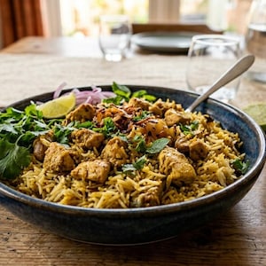May include: A large blue ceramic bowl filled with chicken biryani, featuring seasoned rice, chunks of cooked chicken, fresh cilantro, sliced red onions, and a lime wedge, accompanied by a small white bowl of cucumber raita and a metal spoon.