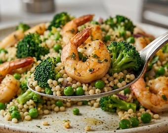 Rezept für Garnelen und Couscous-Salat, gesundes Mittagessen im Sommer, schnelles Rezept für Garnelen Abendessen, sofortiger digitaler Download PDF