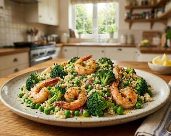 Receta de ensalada de camarones y cuscús, idea saludable para un almuerzo de verano, receta rápida de cena con camarones, descarga digital instantánea en PDF.