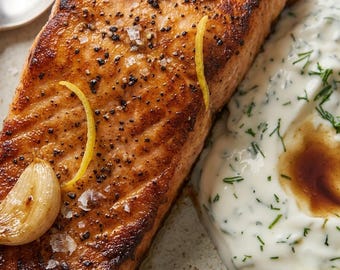 Ricetta veloce per salmone in friggitrice ad aria con salsa allo yogurt (PDF) / Cena sana a base di pesce / Download digitale