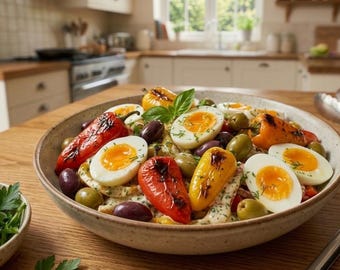 Receta saludable de ensalada de pimientos asados, ensalada fresca de verano, ensalada fácil de pimientos asados y aceitunas, descarga digital instantánea en PDF.