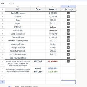 May include: A spreadsheet titled "LITE - Monthly & Yearly Bills Tracker & Expense Planner" displays a bill tracker. The table includes columns for bills, dates, and amounts, with a total bill of $2,638.00 and net cash of $2,362.00.