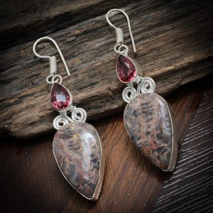 Orecchini pendenti in diaspro naturale e quarzo rubino, in argento sterling, gioielli boho