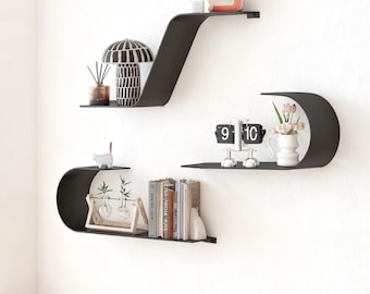 Metal Floating Shelves for Wall | S-Shaped Wall Shelf Set | Geometric Metal Wall Shelf | Bedroom Living Room Book Shelf | Handcrafted