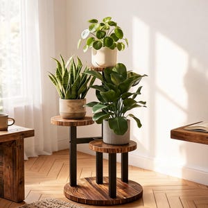 May include: A tiered plant stand featuring a circular wooden base and three elevated wooden platforms supported by black metal legs. Three potted plants are arranged on the stand: a snake plant, a pilea, and a broad-leafed plant in textured pots.