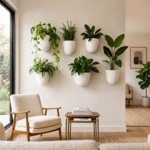May include: Six white, semi-circular wall-mounted planters are arranged on a light-colored wall, each containing a different green houseplant. The planters have a smooth, rounded design and are positioned at varying heights to create a display.