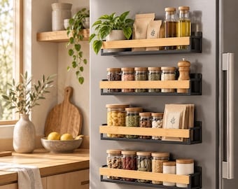 Magnetic Spice Rack for Refrigerator, Set of 4 Bamboo & Steel Magnetic Shelves, No Drill Fridge Organizer, Kitchen Storage Rack