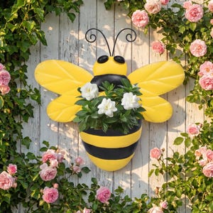Bumble Bee Wall Planter | Metal Hanging Flower Pot | Outdoor Garden Decor | Ladybug Owl Fence Art Whimsical Yard Gift | Gif For Father Day
