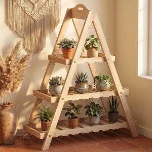 May include: A three-tiered A-frame wooden plant stand with a light natural finish. The structure features a triangular silhouette with horizontal slatted shelves holding various potted plants, including succulents, leafy greens, and a trailing vine.