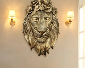 Löwenkopf-Wand-Dekor-Harz-Skulptur | Gold Antike Bronze Tier Wandkunst | Majestätisch Wohnzimmer Statement Stück Housewarming Geschenk