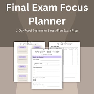 Peut inclure: Un planificateur intitulé "Final Exam Focus Planner" avec un système de réinitialisation de 7 jours pour une préparation aux examens sans stress. Le planificateur comprend un plan d'étude de 7 jours, une section de présentation de l'examen et un journal de concentration quotidien.