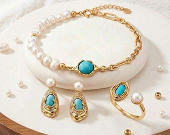 Colección de joyas vintage francesas de perlas y turquesas en plata S925: pendientes, anillo y pulsera.