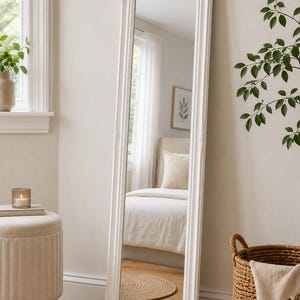 White Beaded Full Length Mirror | Ornate Vintage Style Dressing Mirror, Hallway Leaner