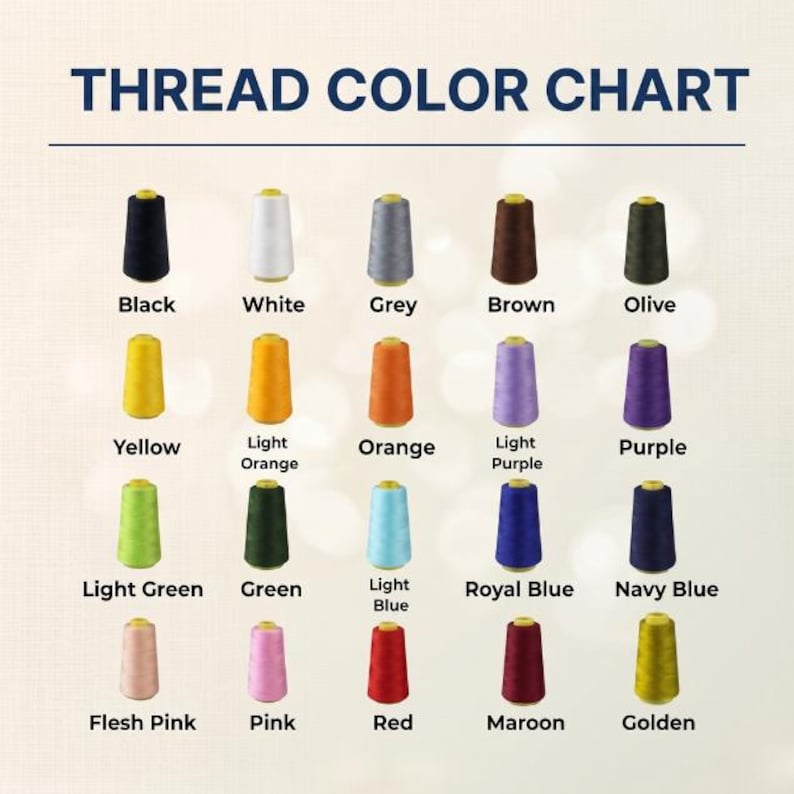 May include: A thread color chart with a variety of thread spools in various colors, including black, white, grey, brown, olive, yellow, light orange, orange, light purple, purple, light green, green, light blue, royal blue, navy blue, flesh pink, pink, red, maroon, and golden.