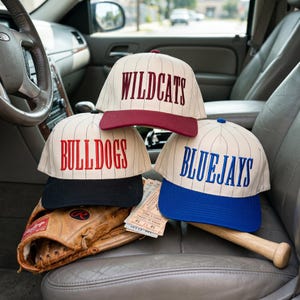 May include: Three baseball caps with team names "Wildcats", "Bulldogs", and "Bluejays" stacked on top of each other. The caps have a cream-colored base with vertical pinstripes and colored brims. A baseball glove, tickets, and a bat are also visible.