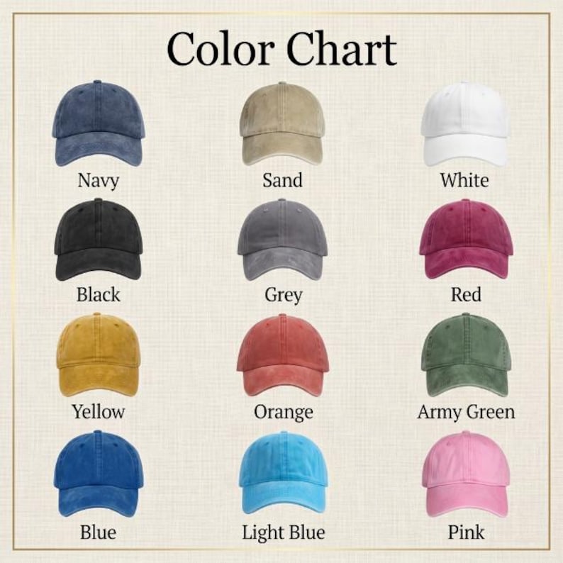 May include: A color chart displays a variety of baseball caps in different colors. The colors include navy, sand, white, black, grey, red, yellow, orange, army green, blue, light blue, and pink. The text "Color Chart" is at the top.