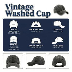 May include: A dark gray vintage washed cap, with a curved brim. The image includes diagrams showing dimensions in centimeters: 5.5x13 cm, 6.5x9.5 cm, 7x7 cm, and 6x5 cm. The text on the image reads "Vintage Washed Cap."