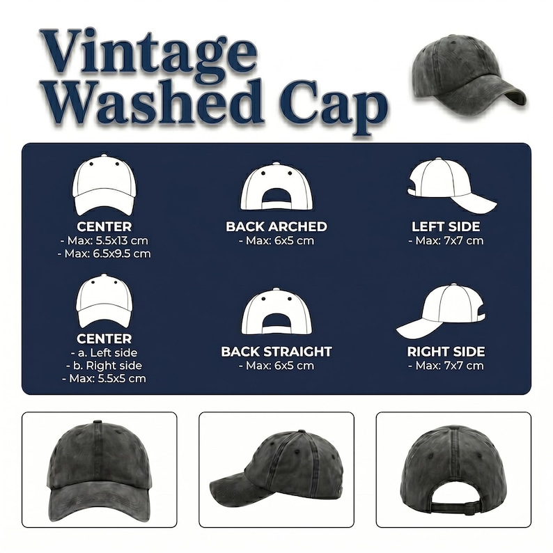 May include: A dark gray vintage washed cap, with a curved brim. The image includes diagrams showing dimensions in centimeters: 5.5x13 cm, 6.5x9.5 cm, 7x7 cm, and 6x5 cm. The text on the image reads "Vintage Washed Cap."