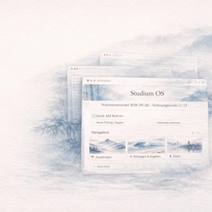 以下が含まれることがあります： 「Studium OS」のデジタルインターフェースが表示され、クリーンでミニマルなデザインが特徴です。 インターフェースには、ナビゲーションオプション、クイック追加ボタン、カレンダービューが含まれています。 全体的な美しさは柔らかく、水彩画のような背景と、ユーザーフレンドリーなデザインに焦点を当てています。