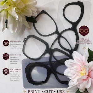 May include: A digital download set of printable black eyeglass frame templates for face shape analysis. The document includes text instructions, a size specification of 17 x 8 cm, and multiple black frame outlines on a transparent background.