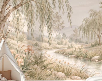 Enchanted Willow Tree Landscape Mural, Scenic Nature Wallpaper, Soft Watercolor Forest River Wall Decor, Nursery Mural Art