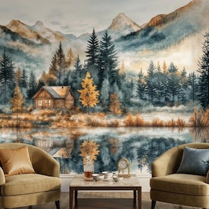 Watercolor Mountain Landscape Wallpaper, Rustic Forest Wall Mural, Nature Inspired Home Decor, Blue Pine Tree Lake Wall Decal, Cabin Vibe