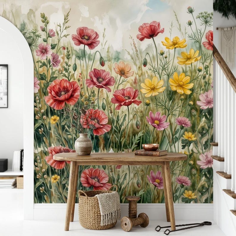 Watercolor Red Poppy Wall Mural Floral Wallpaper, Nature Inspired Home ...