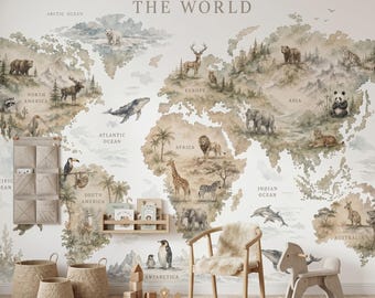 Watercolor World Map Wallpaper Mural for Kids Nursery - Large Neutral Animal Map Wall Decal - Educational Earth Tone World Map Decor