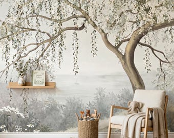 Watercolor Willow Tree Wallpaper Mural - Sage Green Chinoiserie Wall Art - Large Nature Landscape Decor - Serene Bedroom Wall Hanging