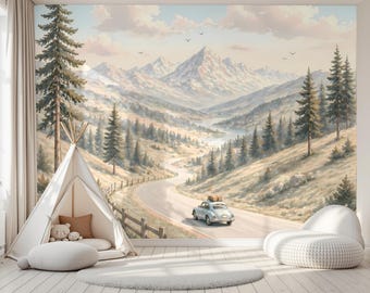 Beige Watercolor Vintage Mountain Road Kids Wallpaper Mural, Nursery Adventure Decor, Nature Playroom Wall Art, Pastel Forest Landscape
