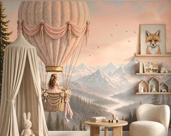 Blush Pink Coquette Hot Air Balloon Forest Wallpaper, Whimsical Nursery Wall Mural, Vintage Mountain Landscape Decor