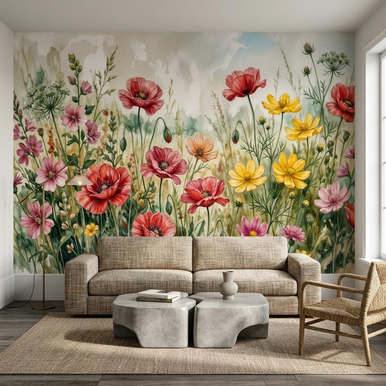 Watercolor Red Poppy Wall Mural Floral Wallpaper, Nature Inspired Home ...