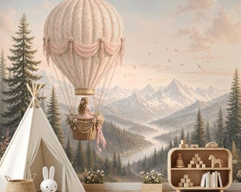 Blush Pink Coquette Hot Air Balloon Forest Wallpaper, Whimsical Nursery Wall Mural, Vintage Mountain Landscape Decor