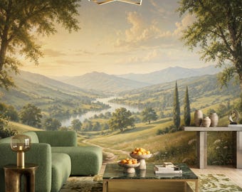 Vintage Landscape Wall Mural - Scenic Valley Mountain Wallpaper - Large Nature Wall Art Peel and Stick - Tuscan Countryside Decor