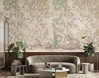 Beige Vintage Chinoiserie Bird and Flower Mural Wallpaper, Cottagecore Botanical Wall Decor, Antique French Country Style